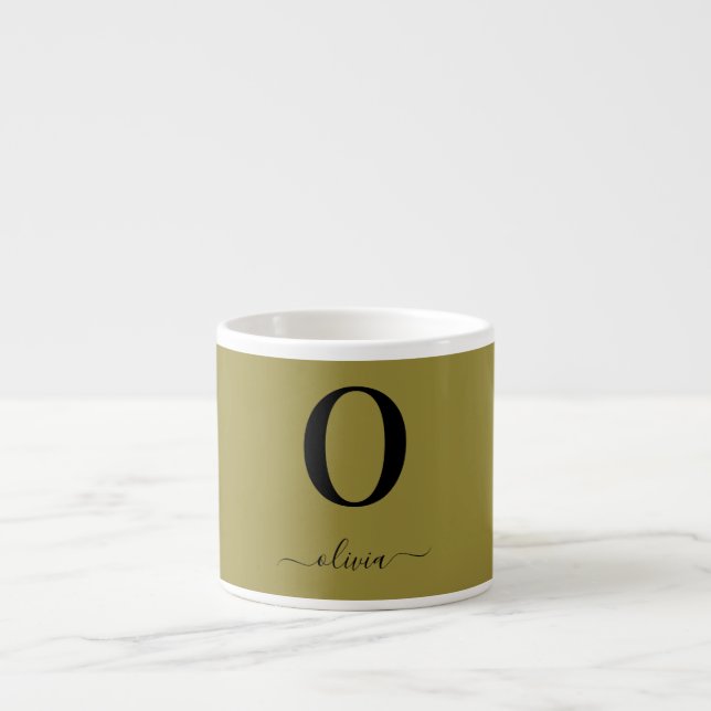 Monogram Script Name Personalized Gold And Black Espresso Cup (Front)