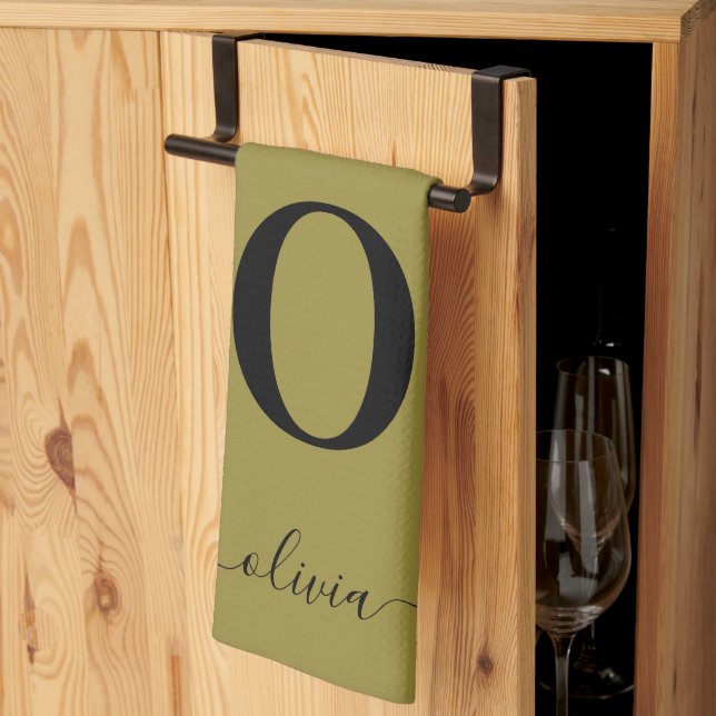 Monogram Script Name Personalized Gold And Black Kitchen Towel (Thirds Fold)