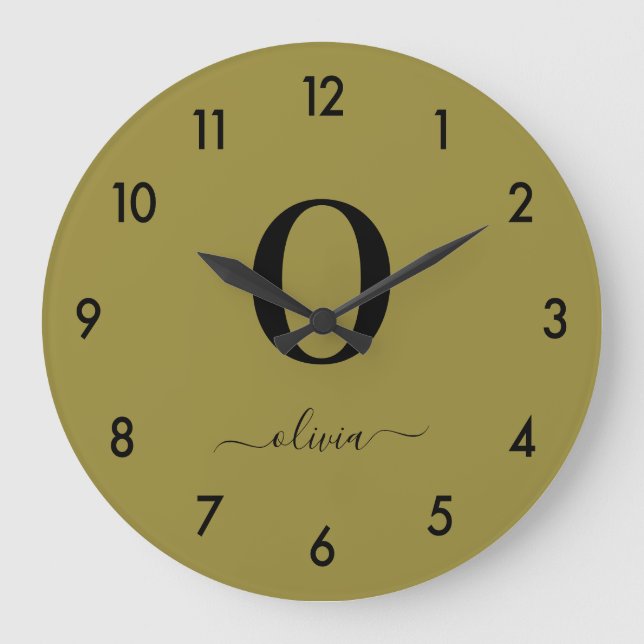 Monogram Script Name Personalized Gold And Black Large Clock (Front)