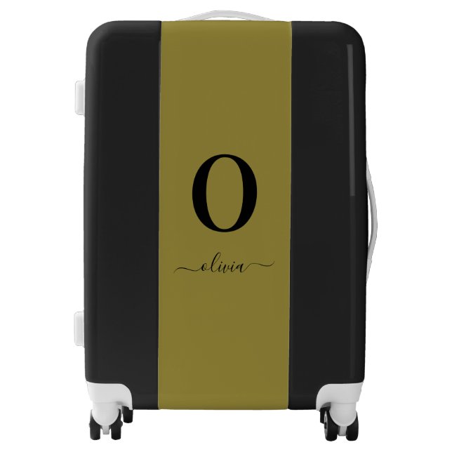 Monogram Script Name Personalized Gold And Black Luggage (Front)