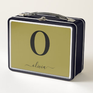Monogram Script Name Personalized Gold And Black Metal Lunch Box