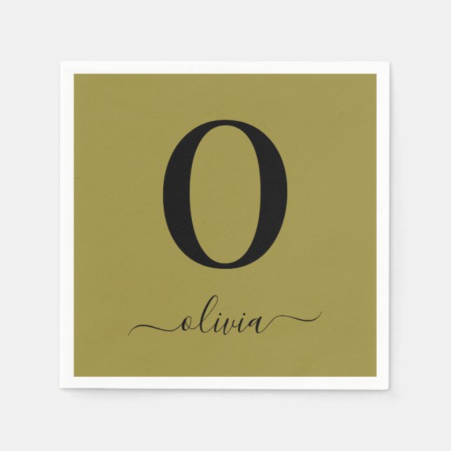 Monogram Script Name Personalized Gold And Black Napkins (Front)