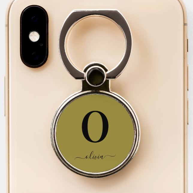 Monogram Script Name Personalized Gold And Black Phone Ring Stand (Close Up)