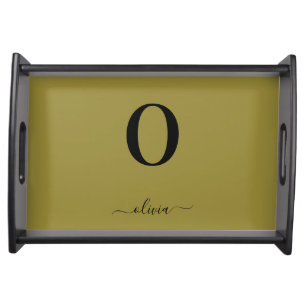Monogram Script Name Personalized Gold And Black Serving Tray