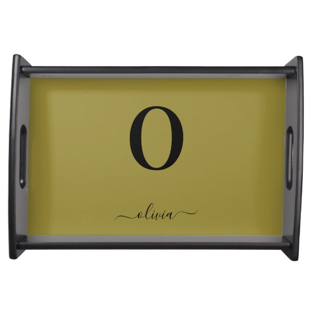 Monogram Script Name Personalized Gold And Black Serving Tray (Front)