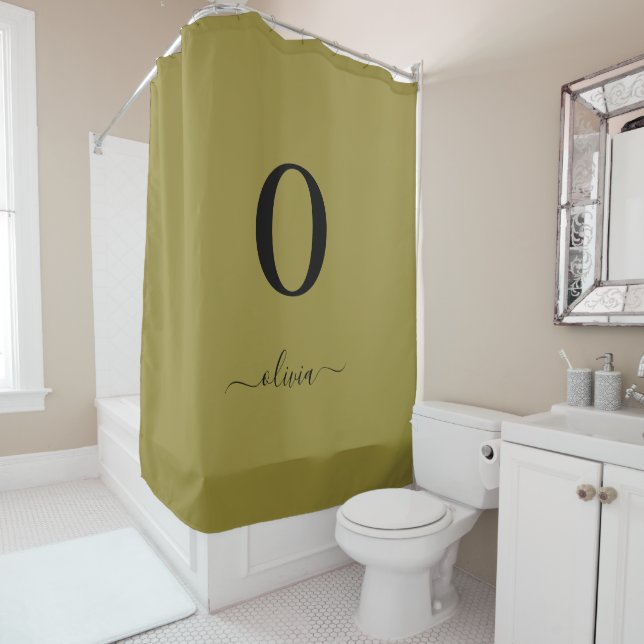 Monogram Script Name Personalized Gold And Black Shower Curtain (In Situ)