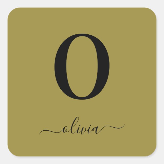 Monogram Script Name Personalized Gold And Black Square Sticker (Front)