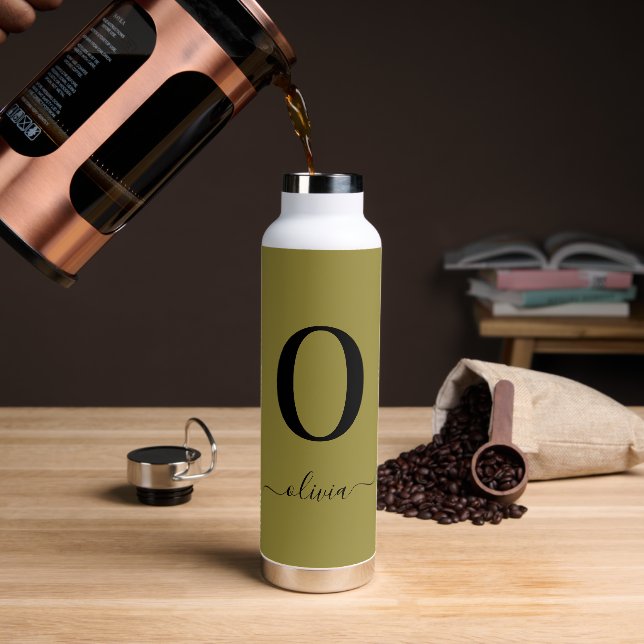 Monogram Script Name Personalized Gold And Black Water Bottle (Coffee)