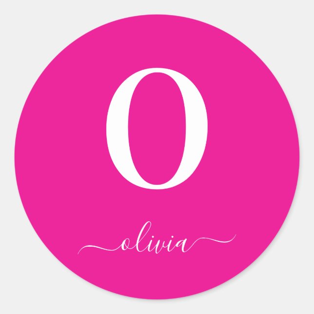 Monogram Script Name Personalized Hot Pink White Classic Round Sticker (Front)