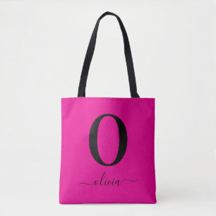 Monogram Script Name Personalized Pink And Black Tote Bag