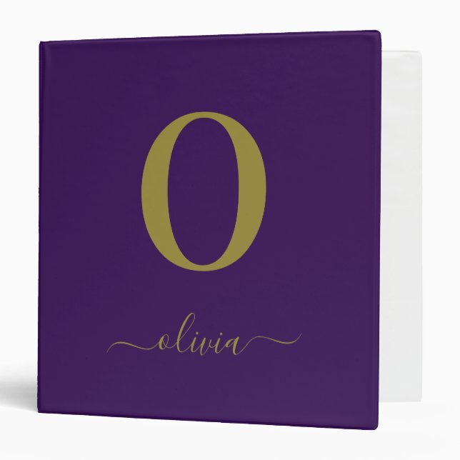 Monogram Script Name Personalized Purple And Gold 3 Ring Binder (Front/Inside)
