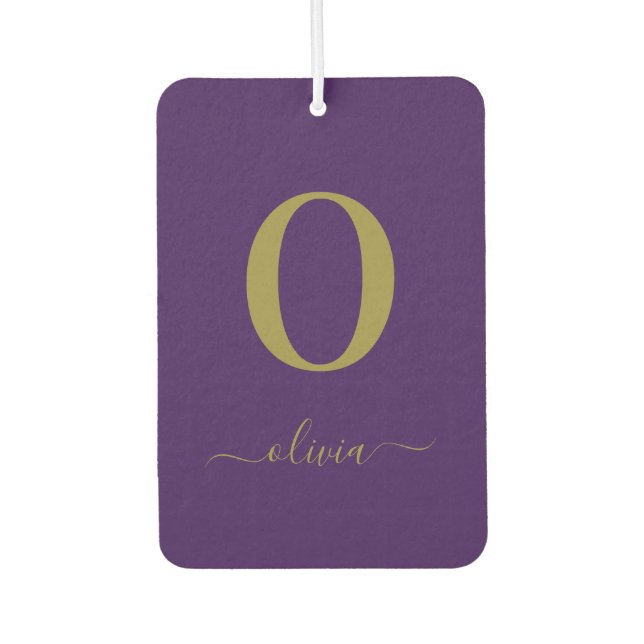 Monogram Script Name Personalized Purple And Gold Air Freshener (Front)