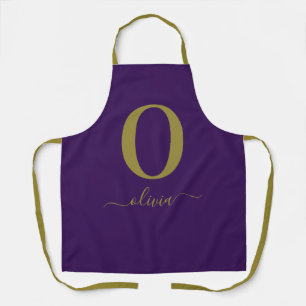 Monogram Script Name Personalized Purple And Gold Apron