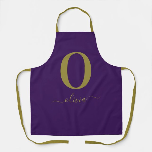 Monogram Script Name Personalized Purple And Gold Apron (Front)