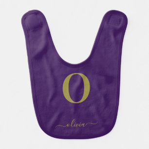 Monogram Script Name Personalized Purple And Gold Baby Bib