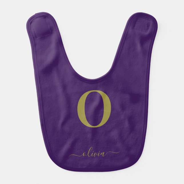 Monogram Script Name Personalized Purple And Gold Baby Bib (Front)