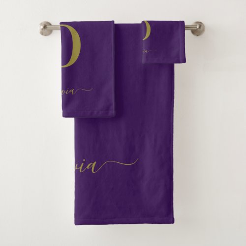 Monogram Script Name Personalized Purple And Gold Bath Towel Set