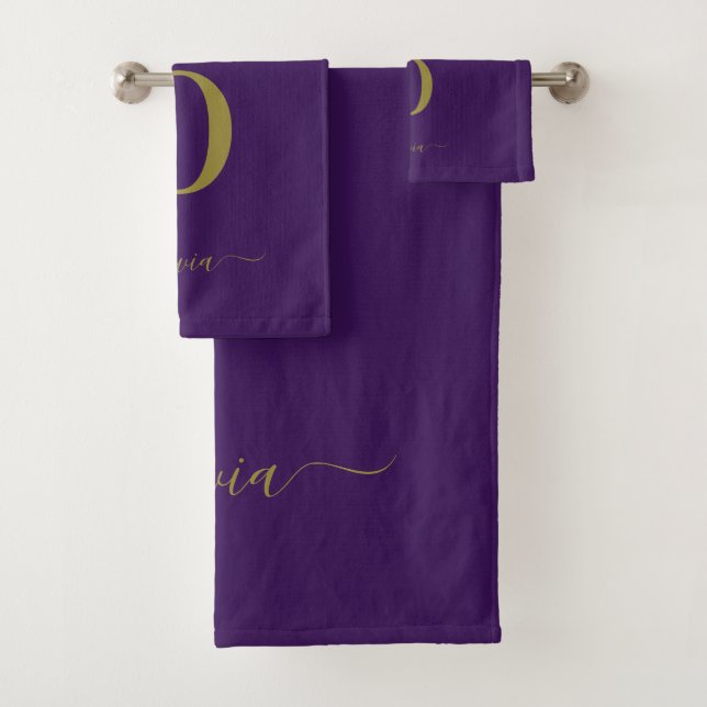Monogram Script Name Personalized Purple And Gold Bath Towel Set (Insitu)