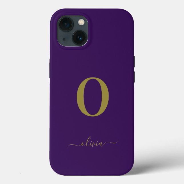 Monogram Script Name Personalized Purple And Gold Case-Mate iPhone Case (Back)