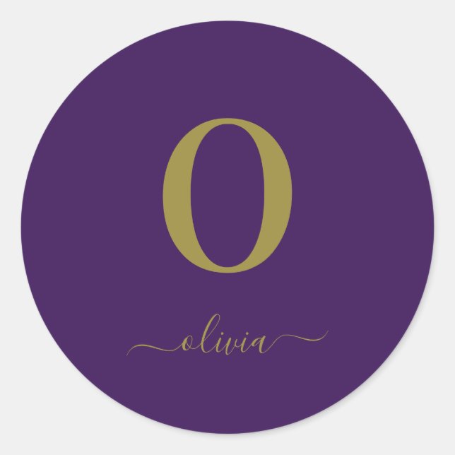 Monogram Script Name Personalized Purple And Gold Classic Round Sticker (Front)