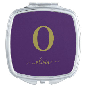 Monogram Script Name Personalized Purple And Gold Compact Mirror
