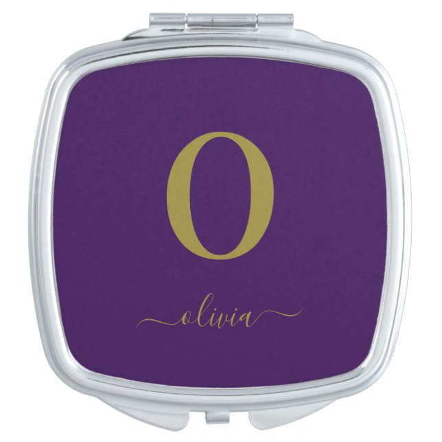 Monogram Script Name Personalized Purple And Gold Compact Mirror (Front)