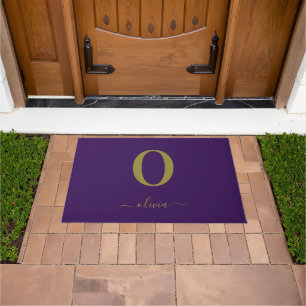 Monogram Script Name Personalized Purple And Gold Doormat