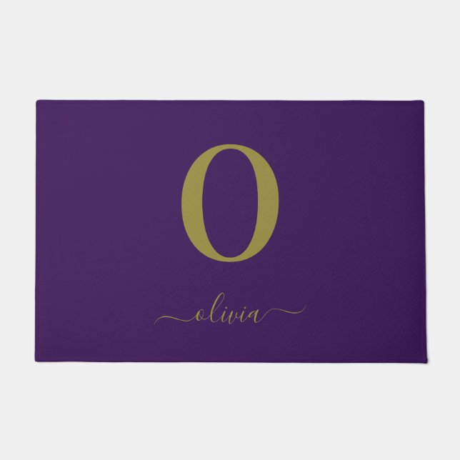 Monogram Script Name Personalized Purple And Gold Doormat (Front)