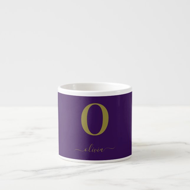 Monogram Script Name Personalized Purple And Gold Espresso Cup (Front)