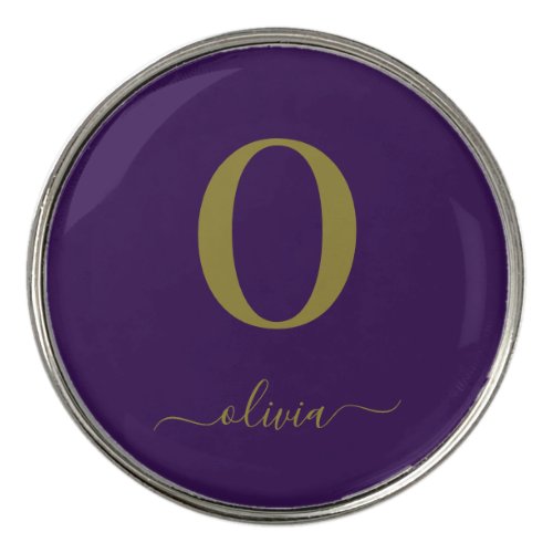 Monogram Script Name Personalized Purple And Gold Golf Ball Marker