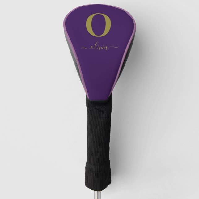 Monogram Script Name Personalized Purple And Gold Golf Head Cover (Front)