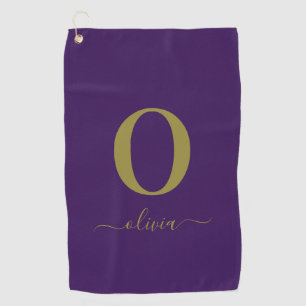 Monogram Script Name Personalized Purple And Gold Golf Towel