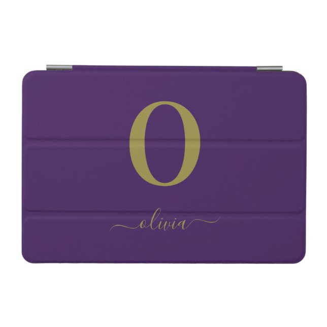 Monogram Script Name Personalized Purple And Gold iPad Mini Cover (Horizontal)