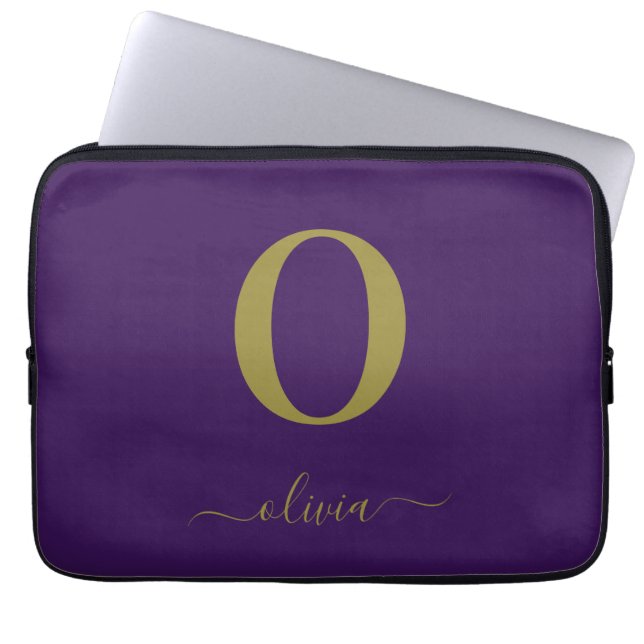 Monogram Script Name Personalized Purple And Gold Laptop Sleeve (Front)