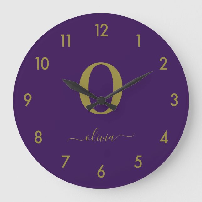 Monogram Script Name Personalized Purple And Gold Large Clock (Front)