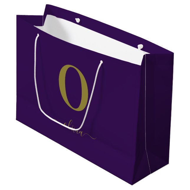 Monogram Script Name Personalized Purple And Gold Large Gift Bag (Front Angled)