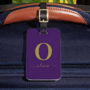 Monogram Script Name Personalized Purple And Gold Luggage Tag