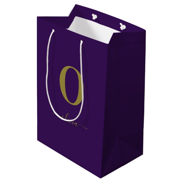 Monogram Script Name Personalized Purple And Gold Medium Gift Bag (Back Angled)