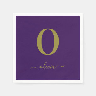 Monogram Script Name Personalized Purple And Gold Napkins