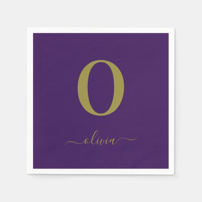 Monogram Script Name Personalized Purple And Gold Napkins (Front)