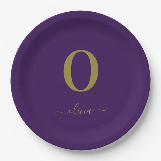 Monogram Script Name Personalized Purple And Gold Paper Plates (Front)