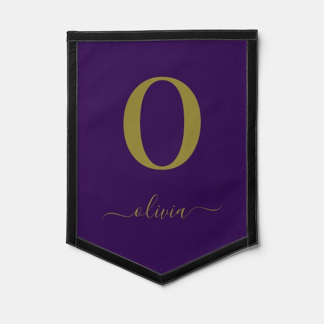 Monogram Script Name Personalized Purple And Gold Pennant (Front)