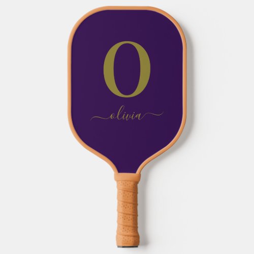 Monogram Script Name Personalized Purple And Gold Pickleball Paddle