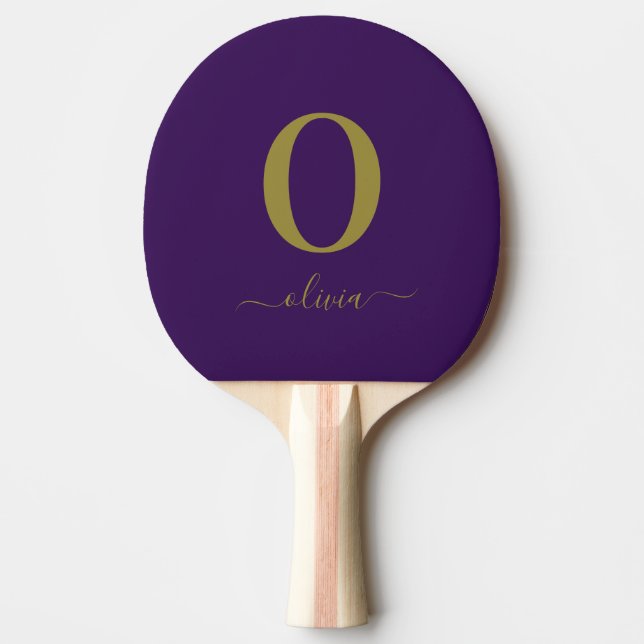Monogram Script Name Personalized Purple And Gold Ping Pong Paddle (Front)