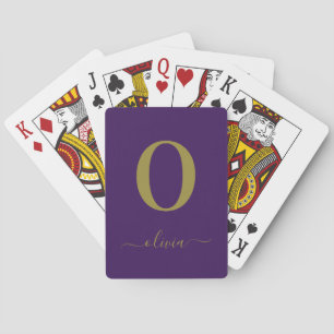 Monogram Script Name Personalized Purple And Gold Poker Cards