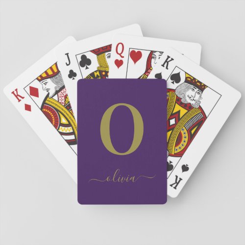 Monogram Script Name Personalized Purple And Gold Poker Cards