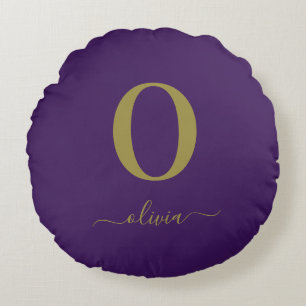 Monogram Script Name Personalized Purple And Gold Round Pillow