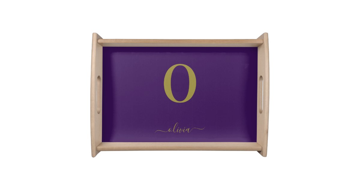Monogram Script Name Personalized Purple And Gold Serving Tray | Zazzle