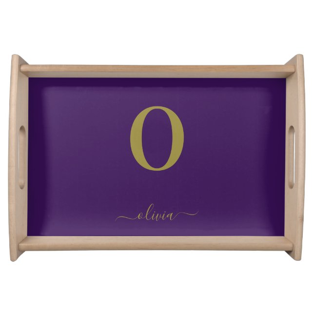 Monogram Script Name Personalized Purple And Gold Serving Tray (Front)