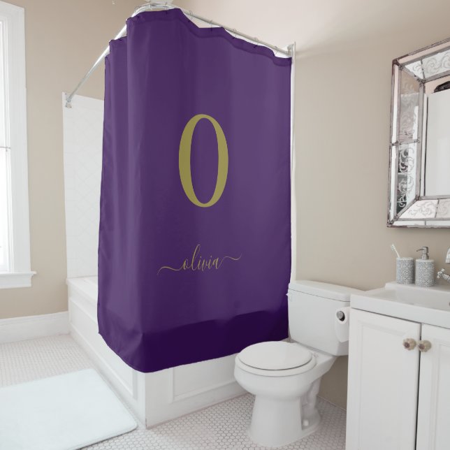 Monogram Script Name Personalized Purple And Gold Shower Curtain (In Situ)